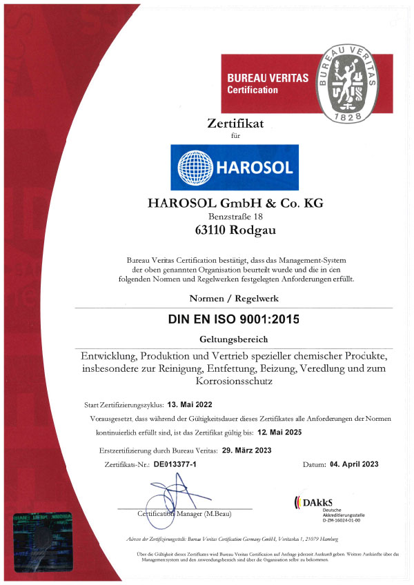 Harosol ISO Zertifikat
